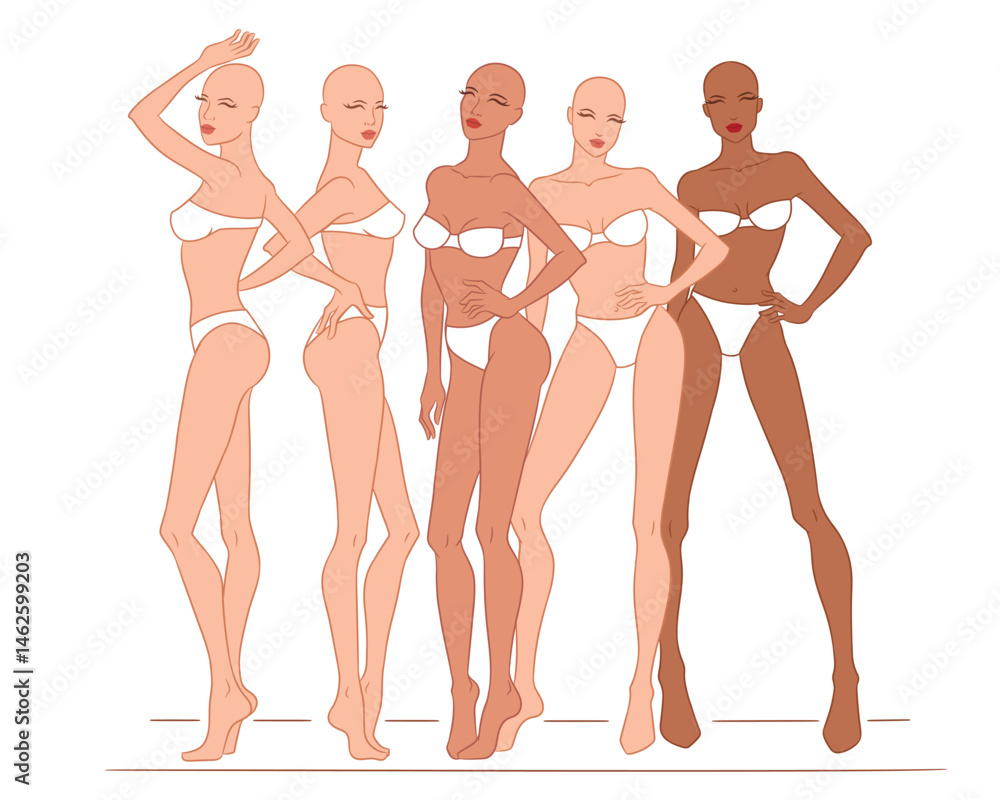 Fashion croquis template featuring five female models posing in a stylish group composition. Perfect for fashion designers and illustrators to create clothing designs, fashion collections.
