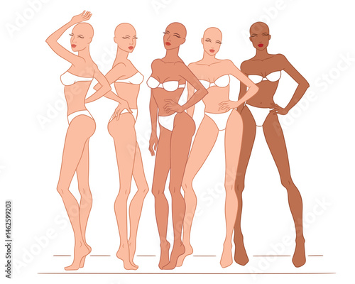 Fashion croquis template featuring five female models posing in a stylish group composition. Perfect for fashion designers and illustrators to create clothing designs, fashion collections.