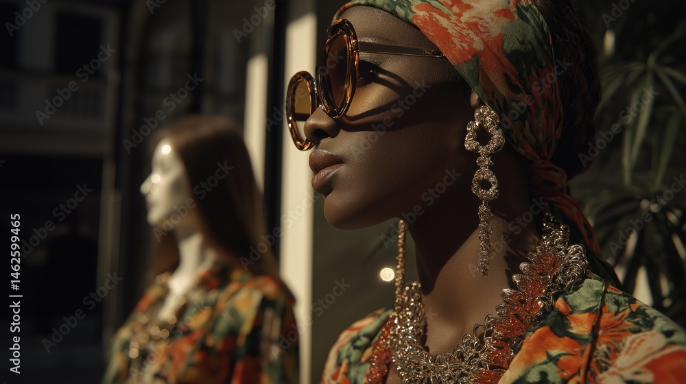 Fashionable Flair: A captivating portrait of a woman with striking features, her eyes obscured by oversized sunglasses, framed by a vibrant floral head scarf. Fashionable Flair: A captivating portrait of a woman with striking features, her eyes obscured by oversized sunglasses, framed by a vibrant floral head scarf.