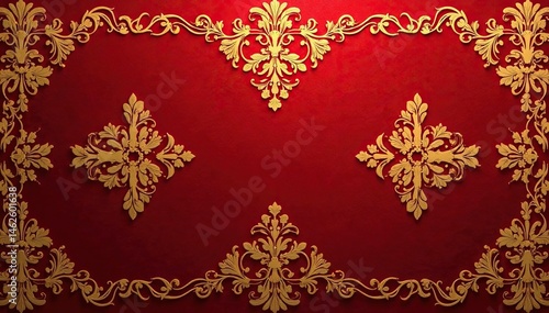 Intricate floral damask pattern in rich gold on deep red background , textile, pattern