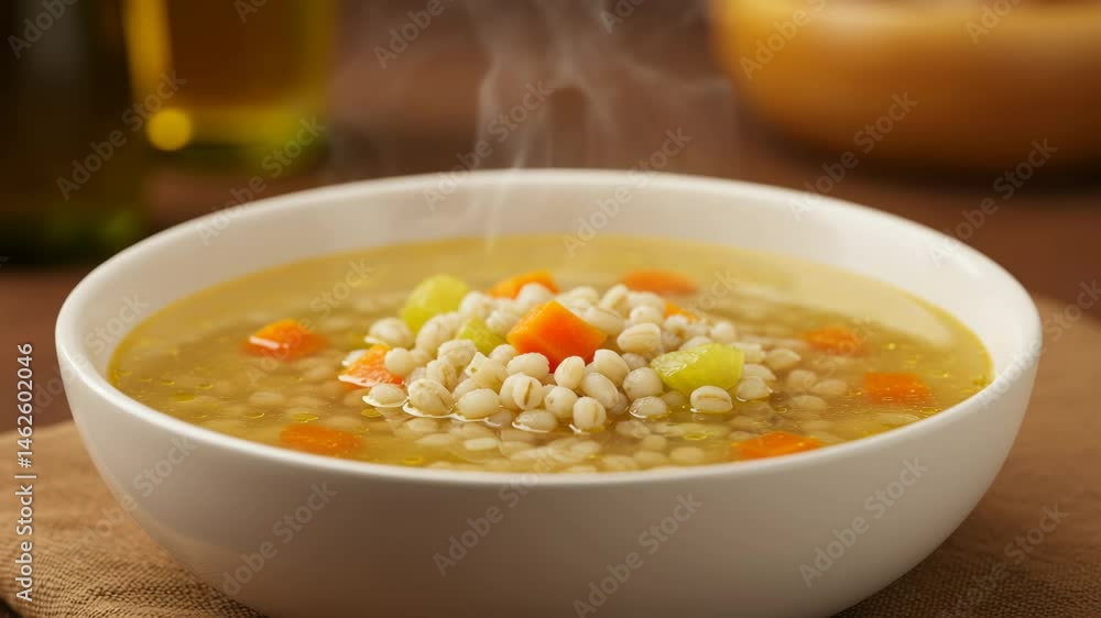 Steaming hot pearl barley soup with carrots in a rustic bowl on a table Steaming hot pearl barley soup with carrots in a rustic bowl on a table