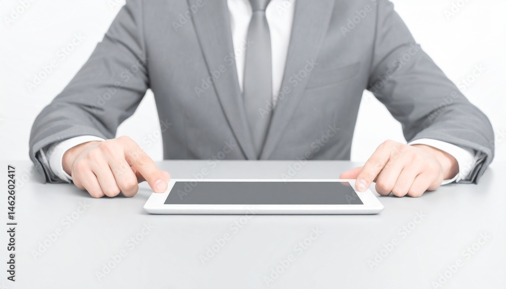 A scene of a man in a suit resting his arms on a conference table and touching a tablet A scene of a man in a suit resting his arms on a conference table and touching a tablet