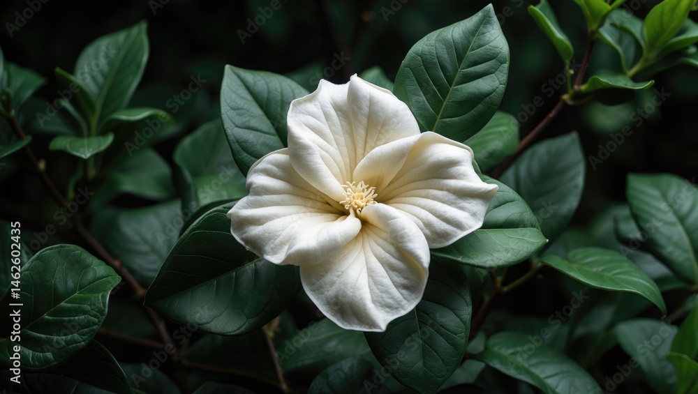 Fototapeta premium Temple garden featuring blooming white gardenia flowers.