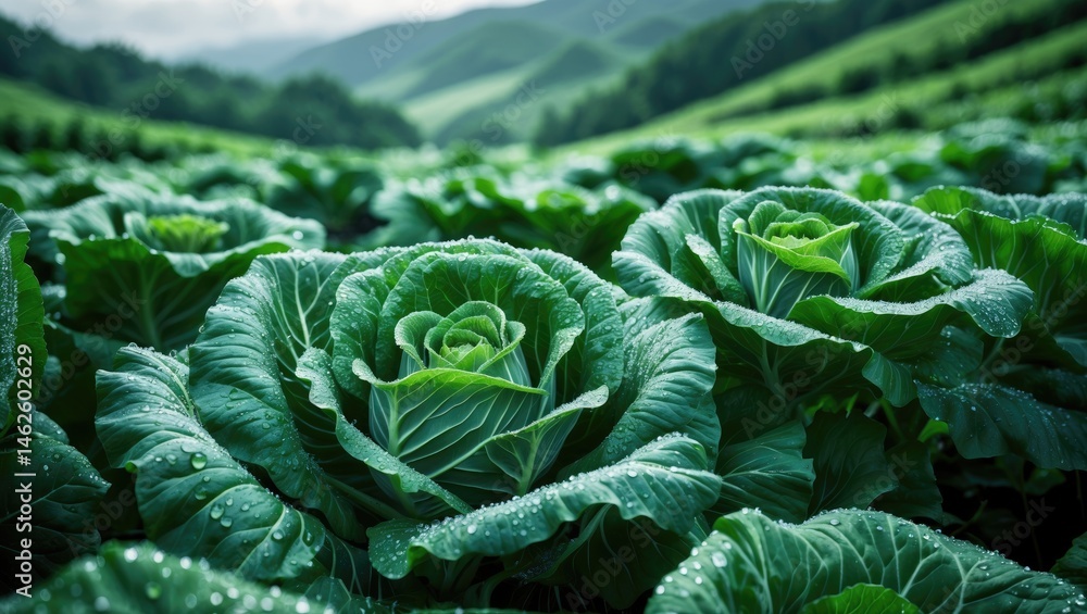 Obraz premium Fresh cabbage leaves growing organically on the mountain slopes during spring