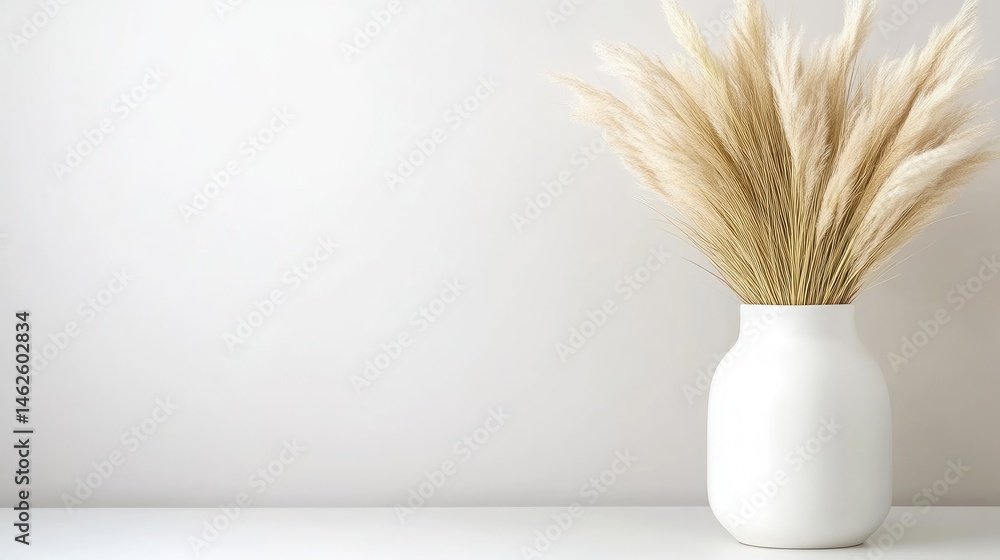 Naklejka premium A white ceramic vase filled with dried pampas grass on a minimalist white shelf, soft lighting and neutral background, and interior decor concept.