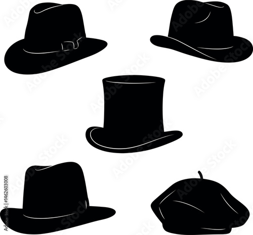 Collection of Classic Black Hats in Various Styles Vector Illustration 