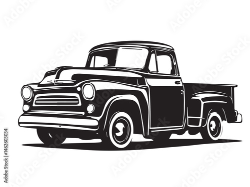 Silhouette of old pickup truck. Black silhouette of a pickup truck isolated on white background. Vector silhouette.	
