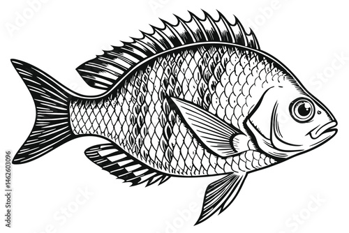 43 Detailed black and white fish illustration, scientific drawing style, intricate scales, prominent dorsal fin, large eye, forked tail fin, tropical marine species, etching technique, high contrast, 