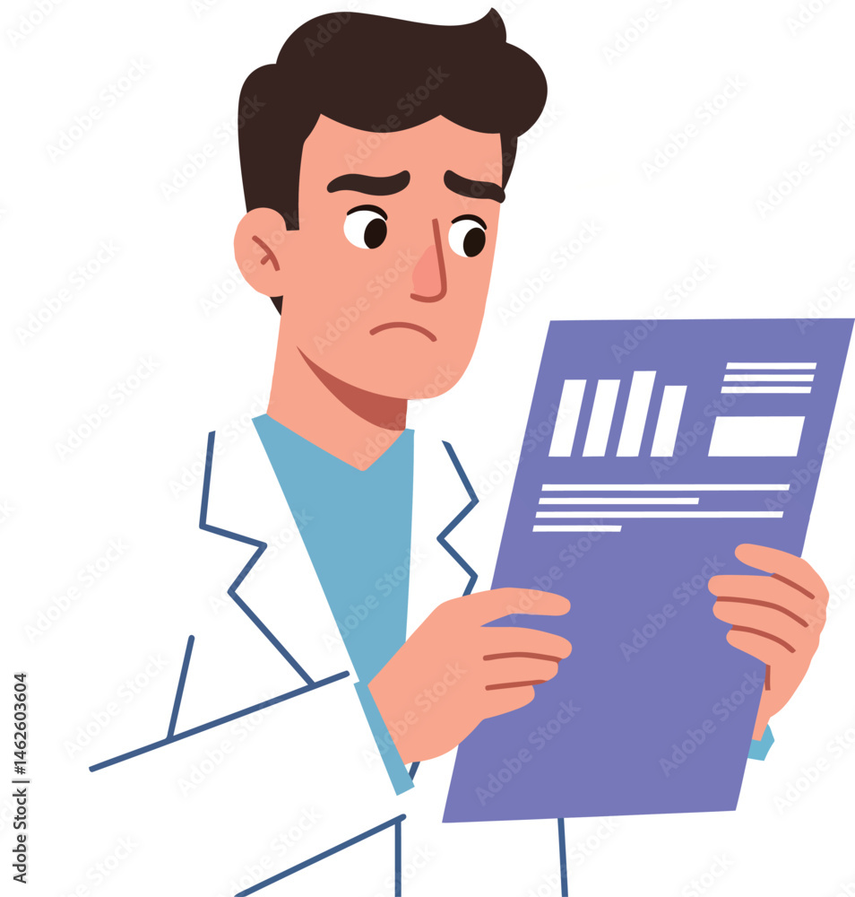 Worried male doctor reading medical report vector illustration in white coat Worried male doctor reading medical report vector illustration in white coat