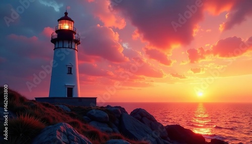 Wallpaper Mural Solitary lighthouse stands tall against sunset, twilight sky, red, landscape Torontodigital.ca