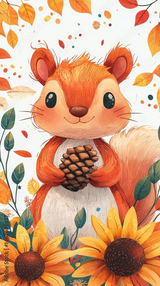 A cute squirrel, with a furry red coat, big eyes, and fluffy tail, holds a pine cone. It sits surrounded by bright sunflowers and autumn leaves. A cute squirrel, with a furry red coat, big eyes, and fluffy tail, holds a pine cone. It sits surrounded by bright sunflowers and autumn leaves.