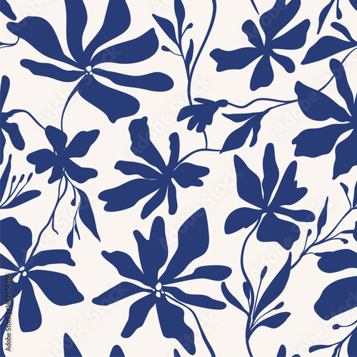 Seamless floral vector laconic blue on beige ink pattern vintage handmade for fabric design, decor, ceramics, greeting cards, flowers, texture print on a light background