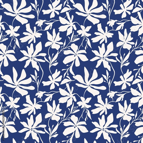 Seamless floral raster dainty blue on beige inkjet pattern vintage handmade for fabric design, decor, ceramics, greeting cards, flowers, texture print on dark backgrounds