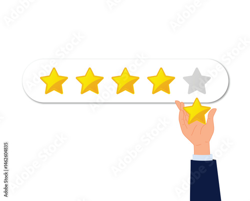 Hand giving five star rating feedback with one star unfilled. The background is white, emphasizing the rating concept.