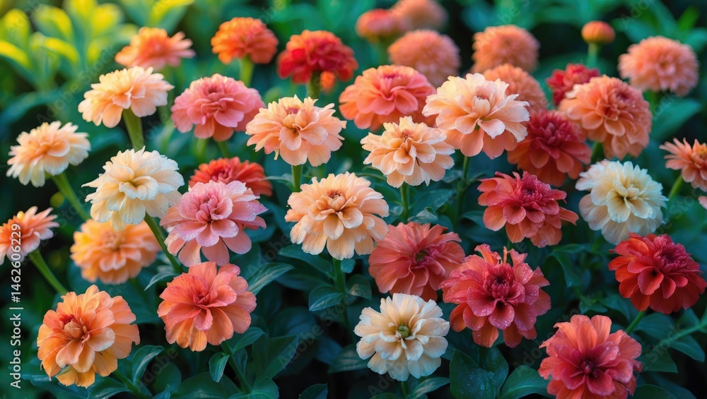 Zinnia flowers in a garden, closeup of orange and pink zinnias. Zinnia flowers in a garden, closeup of orange and pink zinnias.