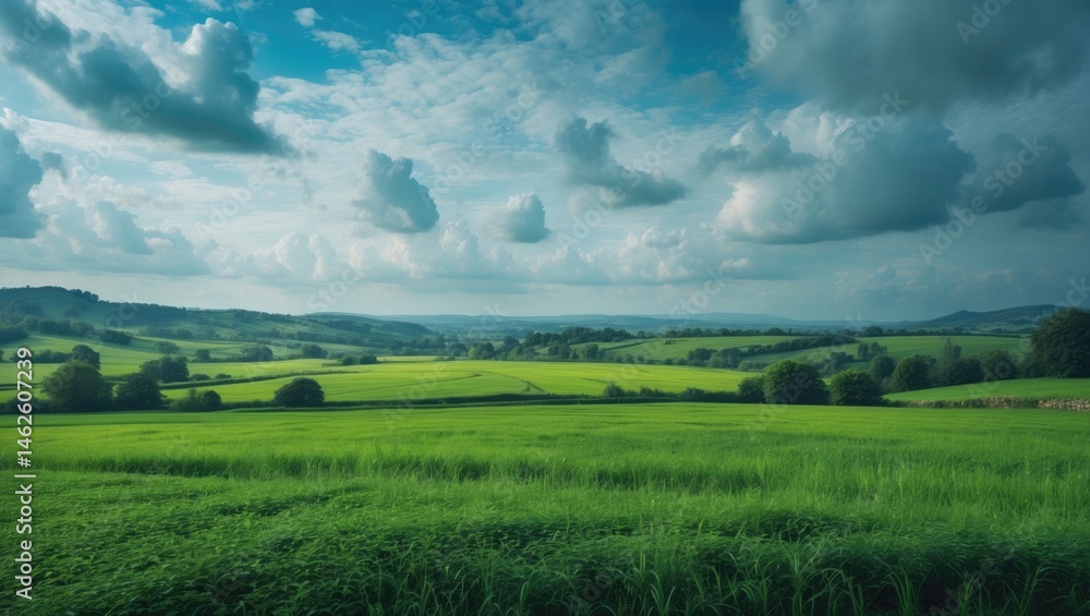 Rural countryside scene featuring vibrant green fields, colorful sky, and clouds in an evening setting Rural countryside scene featuring vibrant green fields, colorful sky, and clouds in an evening setting