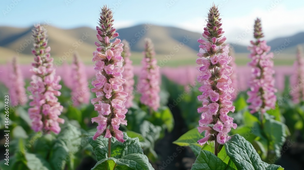 Obraz premium Rows of flowering tobacco plants on a large plantation with rolling hills