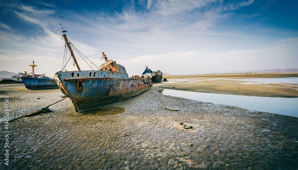 Obraz premium Abandoned rust ships on dry bottom