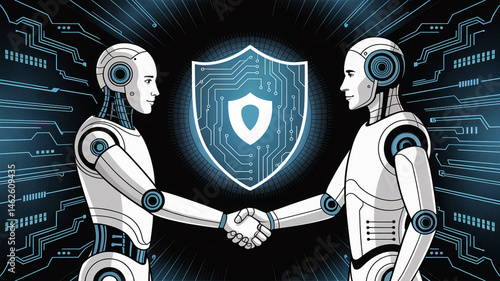 Two Robots Shaking Hands with a Cyber Security Shield