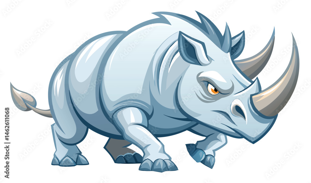 Fototapeta premium Strong cartoon rhinoceros with white-blue coloring and large horns standing ready to charge isolated on a white background.