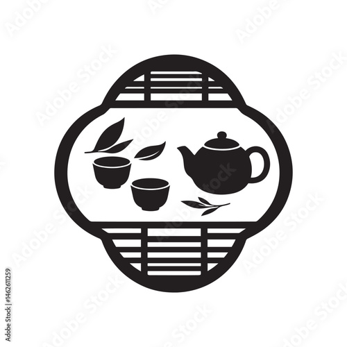 Traditional Teapot and Cups – Minimalist Black and White Line Art with Asian Aesthetic

