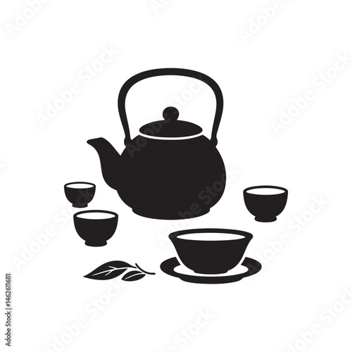 Traditional Teapot and Cups – Minimalist Black and White Line Art with Asian Aesthetic

