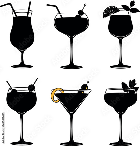 Cocktail drinks collection in glasses with straws and garnishes vector illustration set 