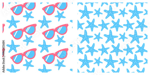 Seamless summer pattern with blue starfish and pink sunglasses on a white background. Bright, fun beach-themed design for textiles, wrapping paper, or vacation illustrations.