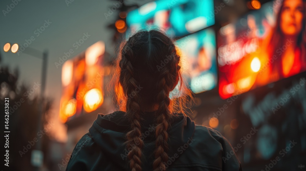 Fototapeta premium A woman, viewed from behind, with braided hair gazes towards vibrant city lights during dusk, amidst the urban glow.