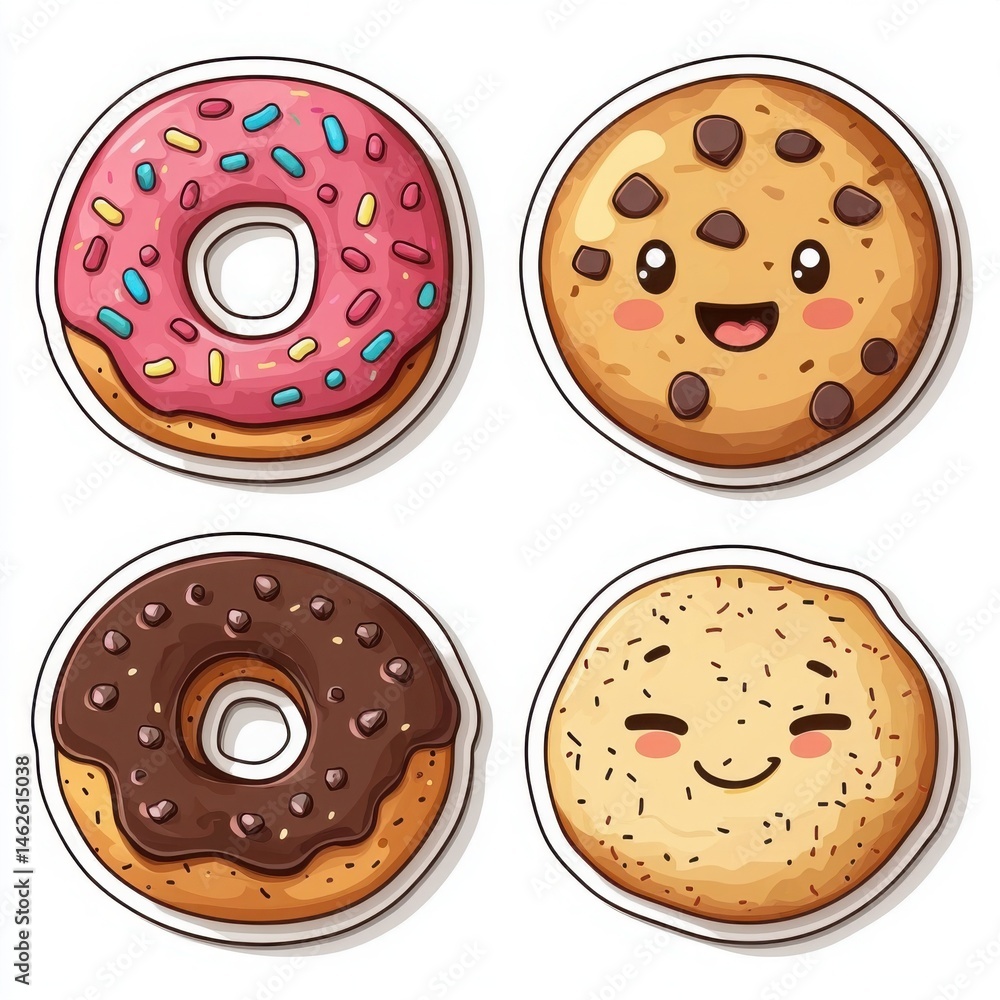 Fototapeta premium A delightful collection of cartoon cookies and donuts, each with a cheerful expression and unique topping. The colorful and playful designs bring a touch of fun to any project. 