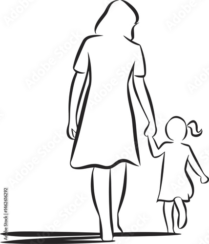 A Minimalist Line Art Silhouette of Mother and Daughter Walking Hand-in-Hand – Joyful Family Moment on White Background, a silhouette of a mother and baby girl