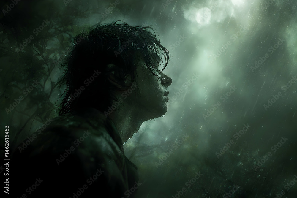 Fototapeta premium Dark, moody profile of a person in a foreboding setting.