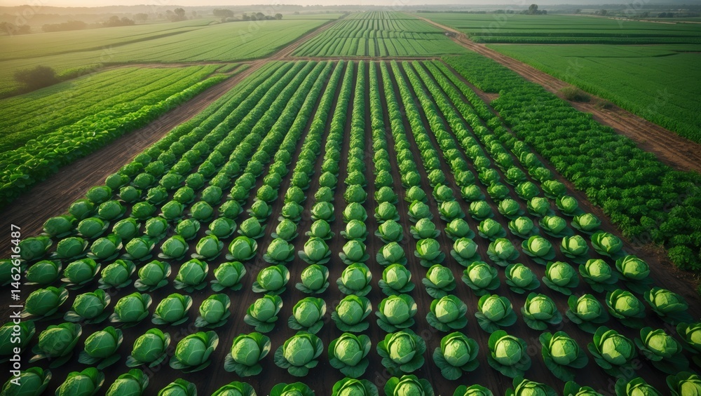 Fototapeta premium Large-scale cabbage cultivation captured from above, highlighting vibrant green fields