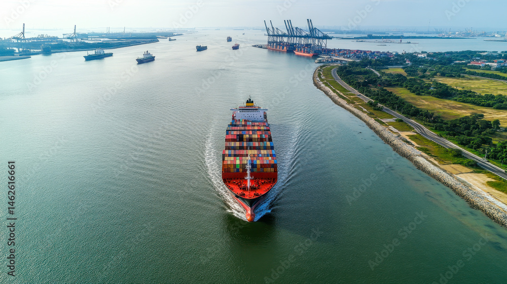 Fototapeta premium Container ship navigating busy sea lane amidst global commerce activities at port