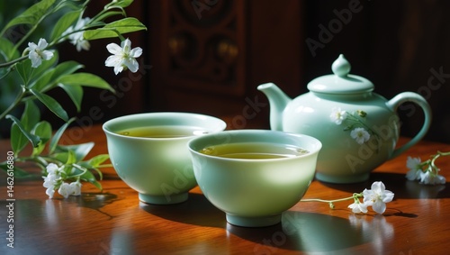 Wallpaper Mural Green tea with jasmine in a cup and teapot placed on a table Torontodigital.ca