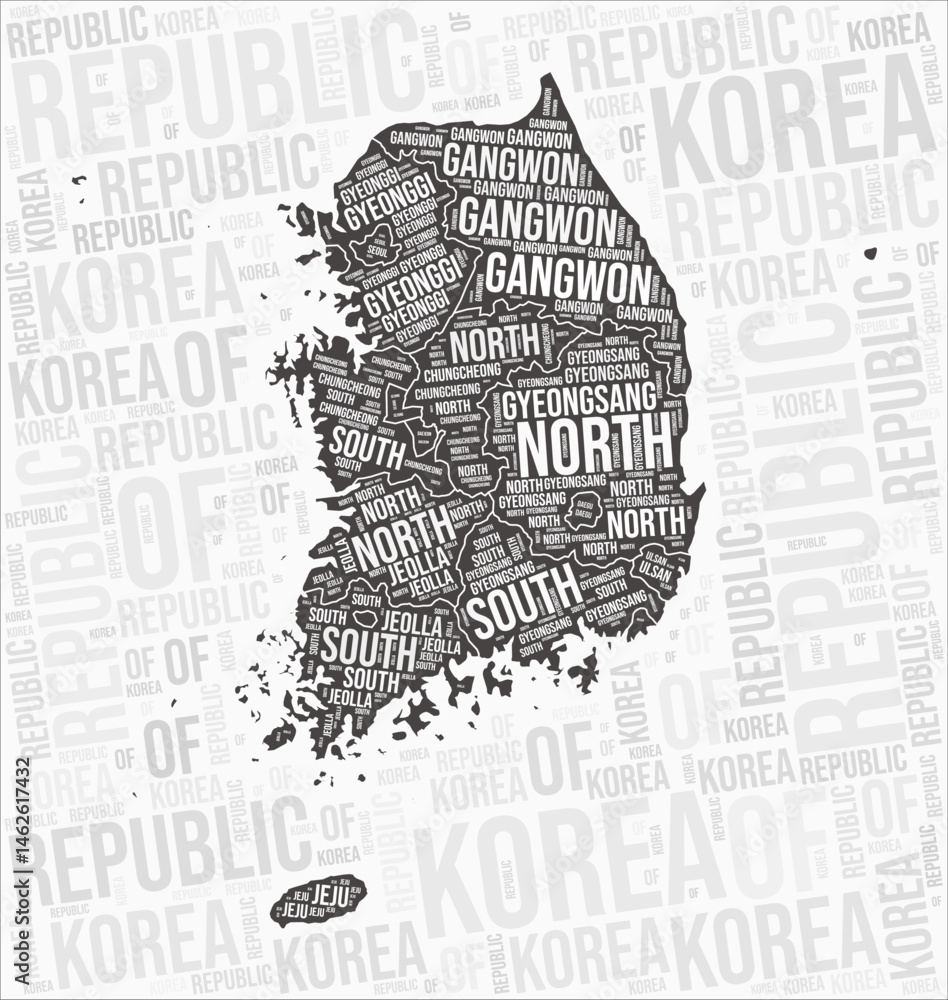 Obraz premium Republic of Korea regions map word cloud. Republic of Korea region names. Black and white map design. Artistic vector illustration.
