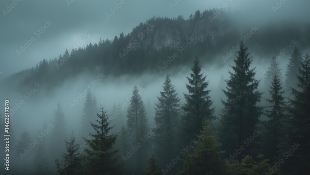 Retro-inspired misty scenery of a fir forest shrouded in fog in a vintage style Retro-inspired misty scenery of a fir forest shrouded in fog in a vintage style