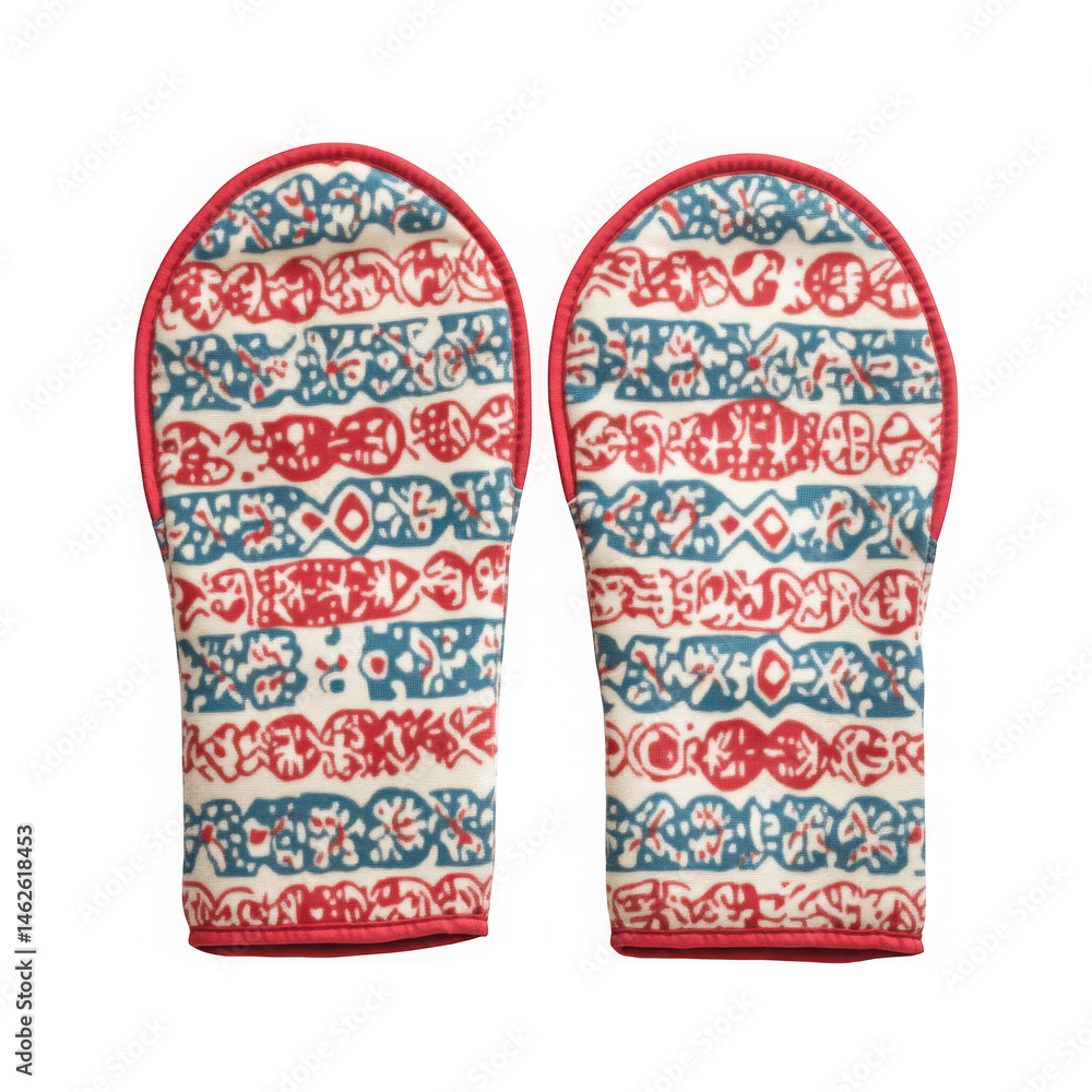 Patterned oven mitts pair close up view on transparent background Patterned oven mitts pair close up view on transparent background