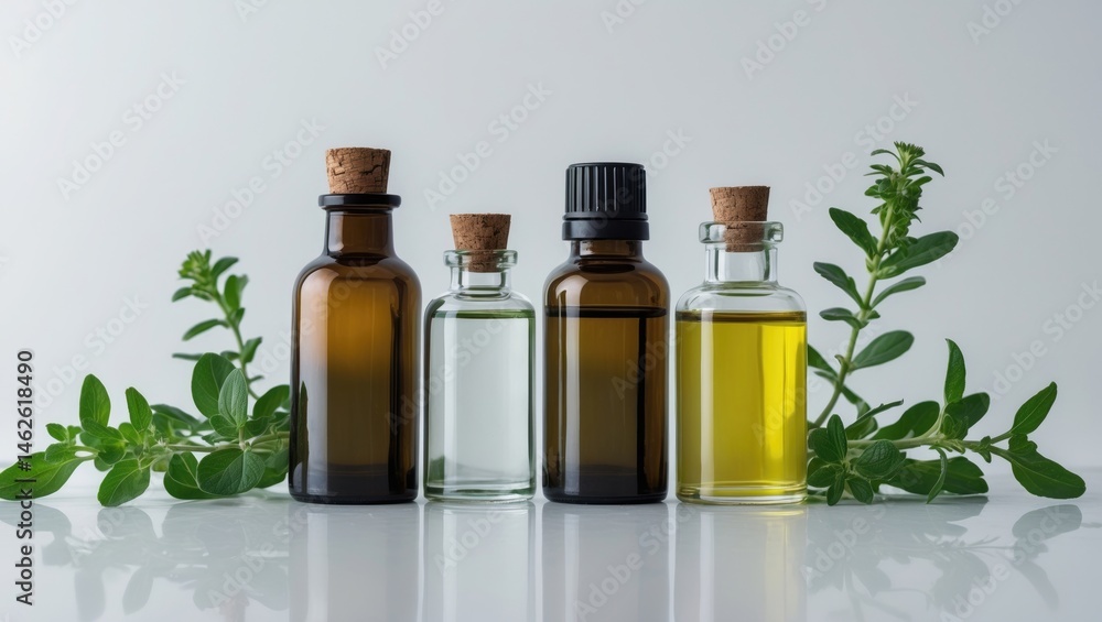 White background with essential oil bottles collection White background with essential oil bottles collection