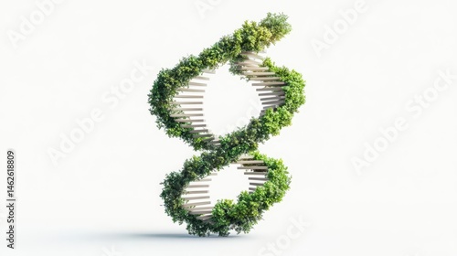 An artistic representation of a DNA strand symbolizing growth and sustainability, entwined with greenery and nature.