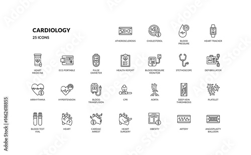 cardiology healthcare medical doctor cardiac heart disease outline line icon set