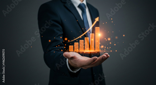 Businessman presenting an upward trending bar graph with arrow in his open hand with sparkles real estate business ,technology ,selling ,purchasing ,agreement
