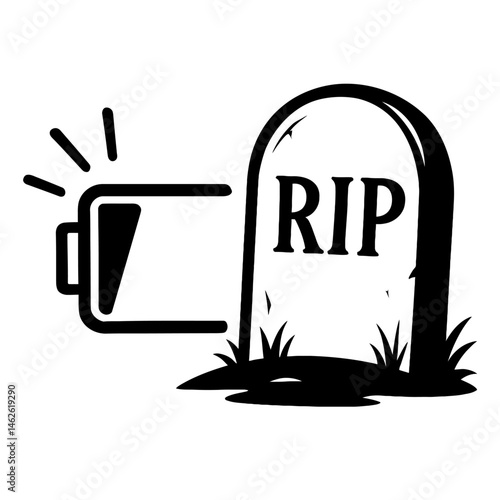 Low Battery Icon with 'RIP' Tombstone Illustration - Powerless