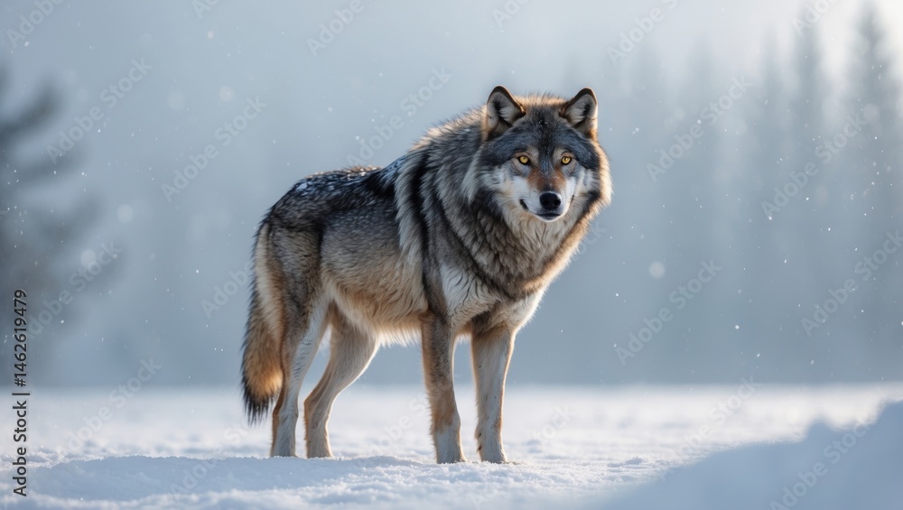 Fototapeta premium Isolated wolf in winter snow on white backdrop