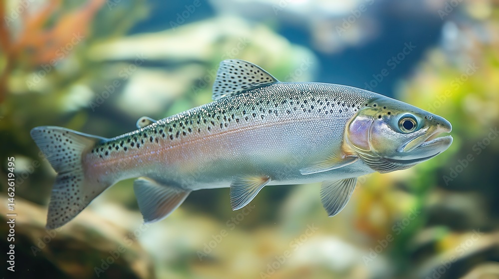 Trout swimming in a clear river, a peaceful moment in nature's aquatic harmony Trout swimming in a clear river, a peaceful moment in nature's aquatic harmony
