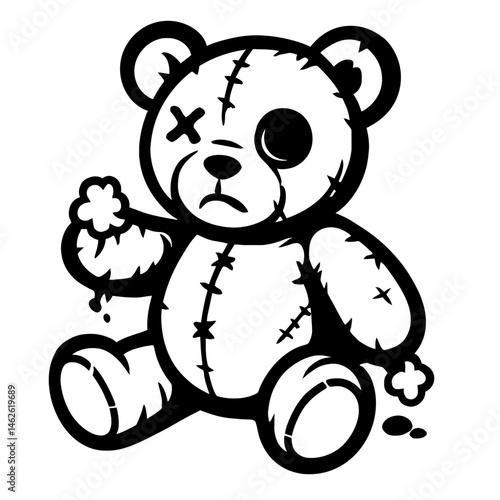 Stitched and Damaged Teddy Bear Illustration - Creepy Toy