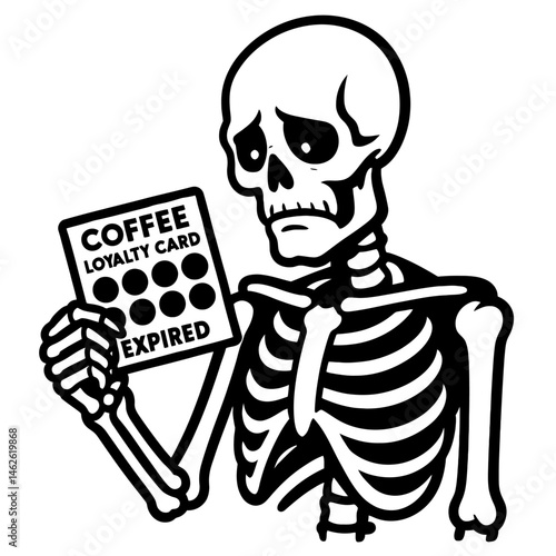 Sad Skeleton Holding Expired Coffee Loyalty Card Illustration