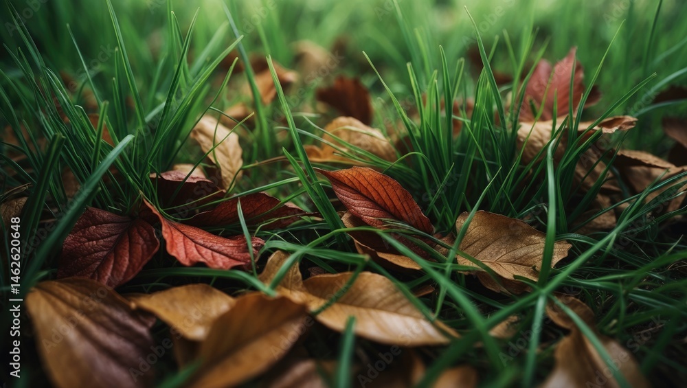 Obraz premium Zoomed-in shot of flourishing green grass intermingled with brown fallen leaves, illustrating the beauty of nature and seasonal change.