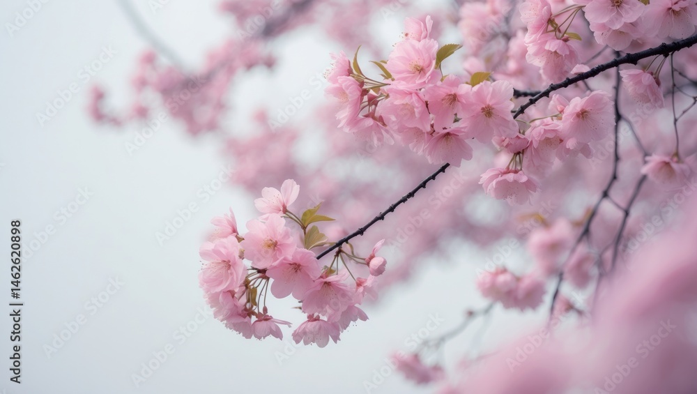 Obraz premium Blooming Tabebuia rosea trees set against a white sky backdrop with copy space