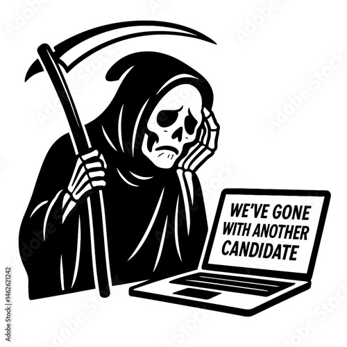 Dejected Grim Reaper with Laptop and Job Rejection Text Illustration